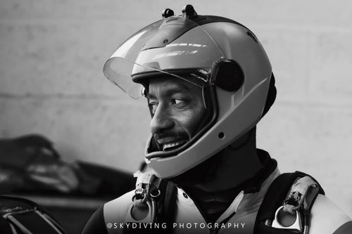 black and white portrait of a skydiver